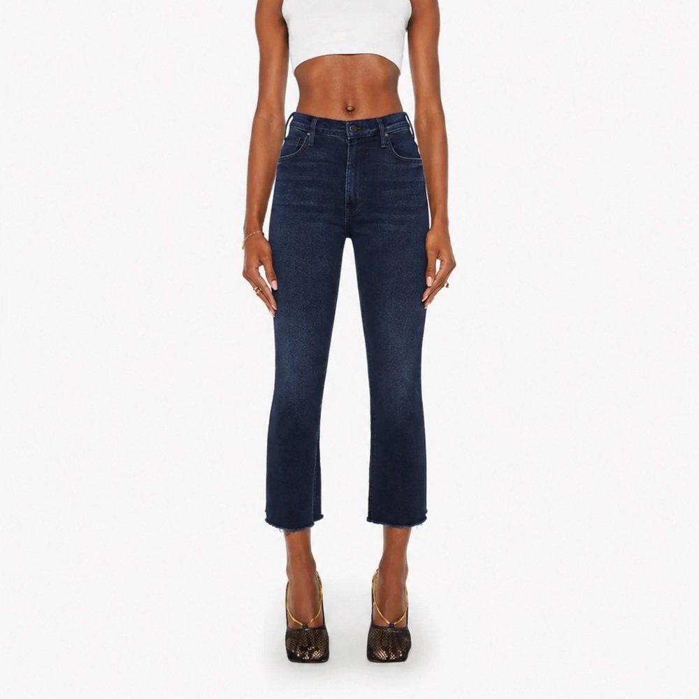 MOTHER Dark navy the hustler Cropped ankle fray High-Rise Jeans